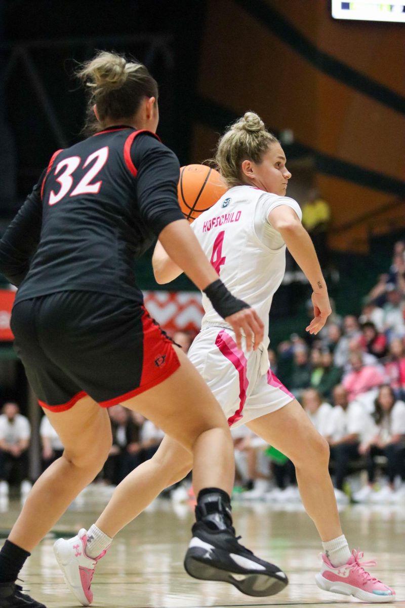 Colorado State University No.4 McKenna Hofschild passes the ball to a teammate at the women's basketball game against San Diego State University. Feb. 3.