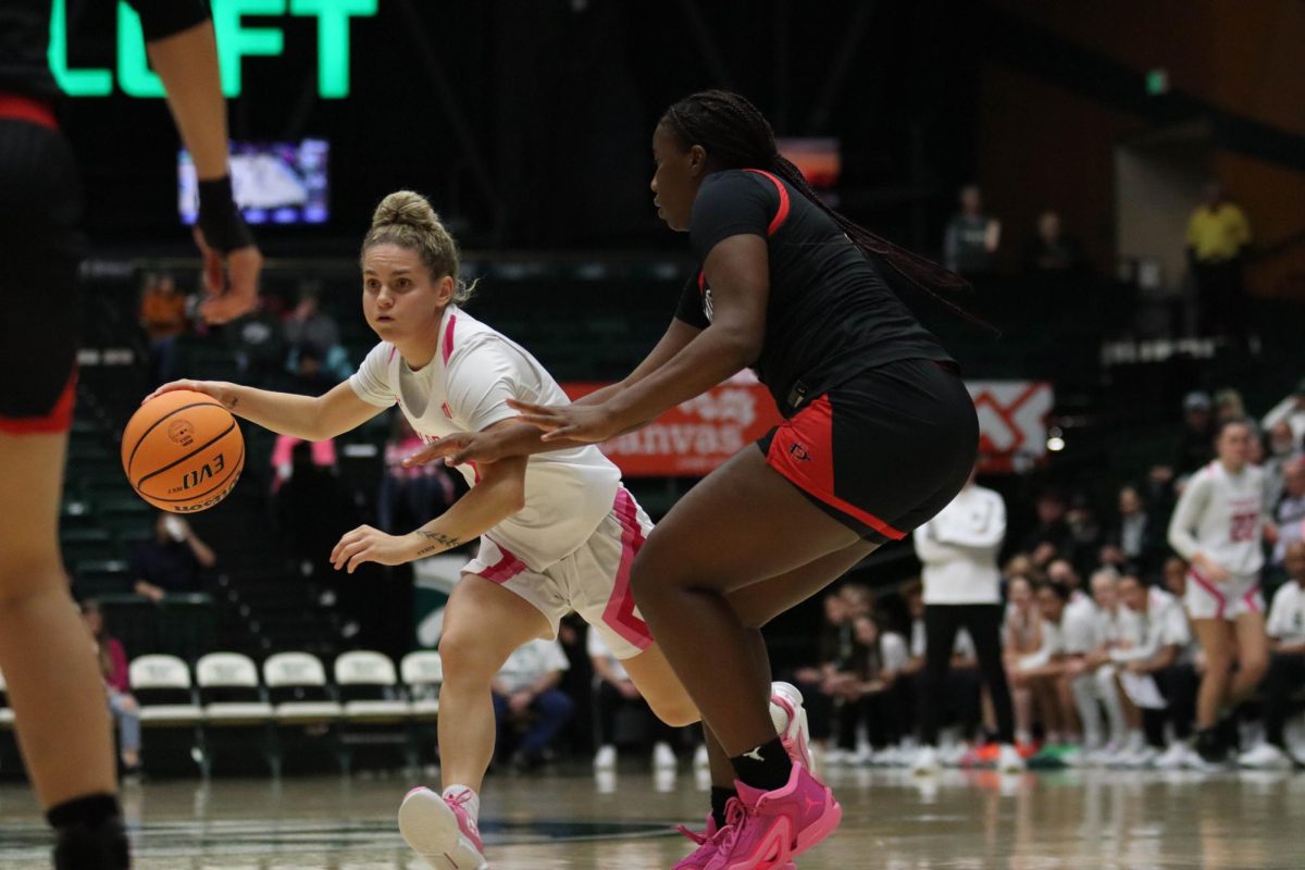 McKenna Hofschild pushes past San Diego State Universitys defense at the Colorado State University womens basketball game against SDSU Feb. 3. CSU won 82-50.