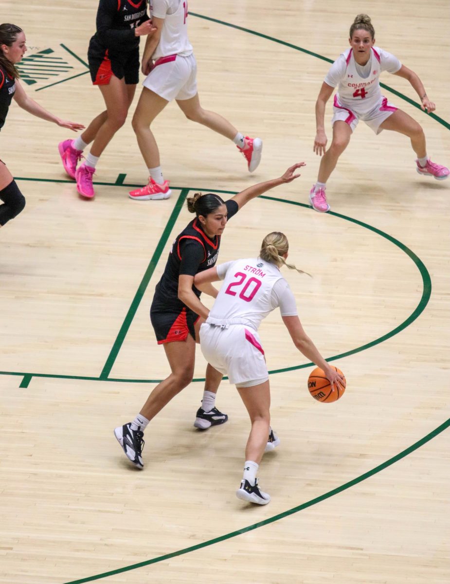 Colorado State University No.20 Sanna Ström dribbles the ball around San Diego State's defense at the women's basketball game against San Diego State University. Feb. 3.