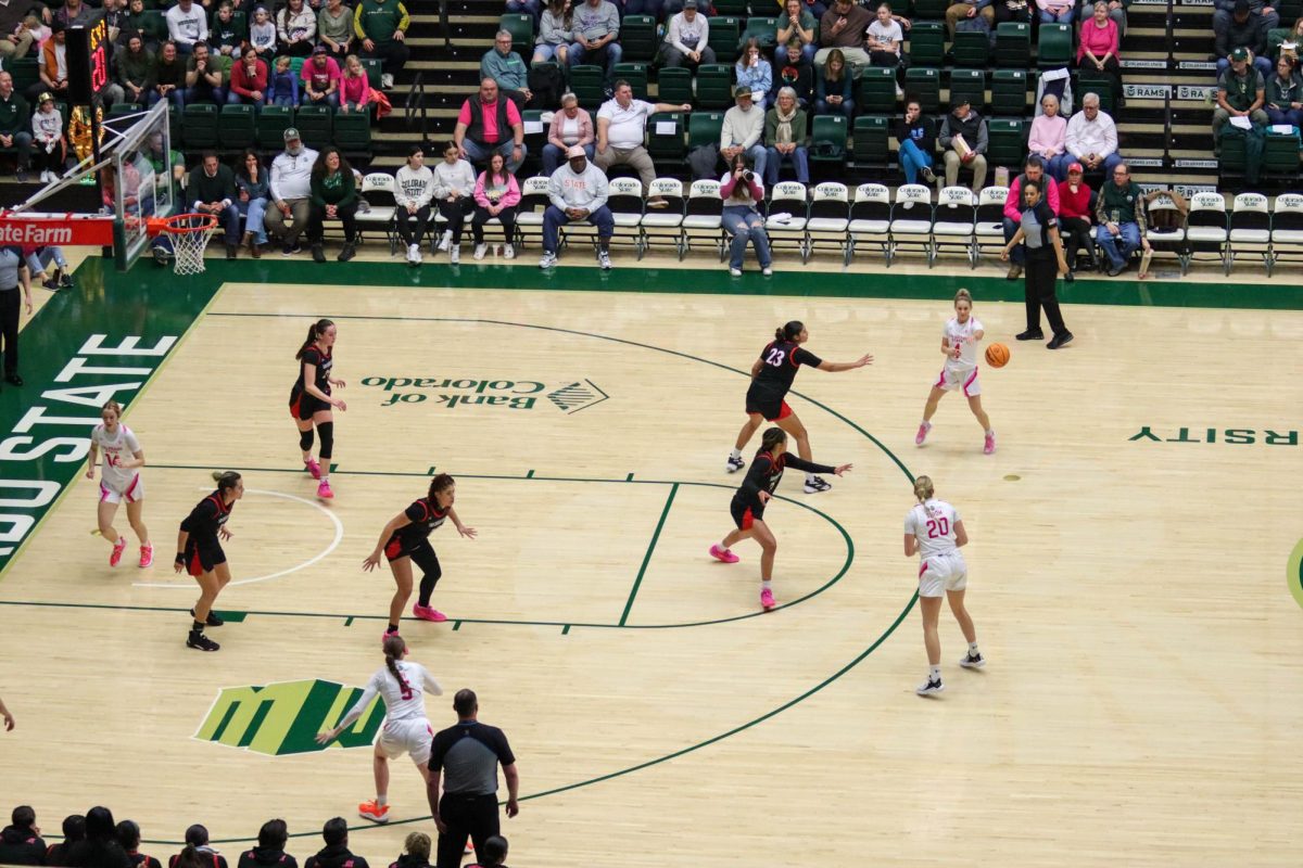 Colorado State University No.20 Sanna Ström passes the ball to no.4 McKenna Hofschild at the women's basketball game against San Diego State University. Feb. 3.