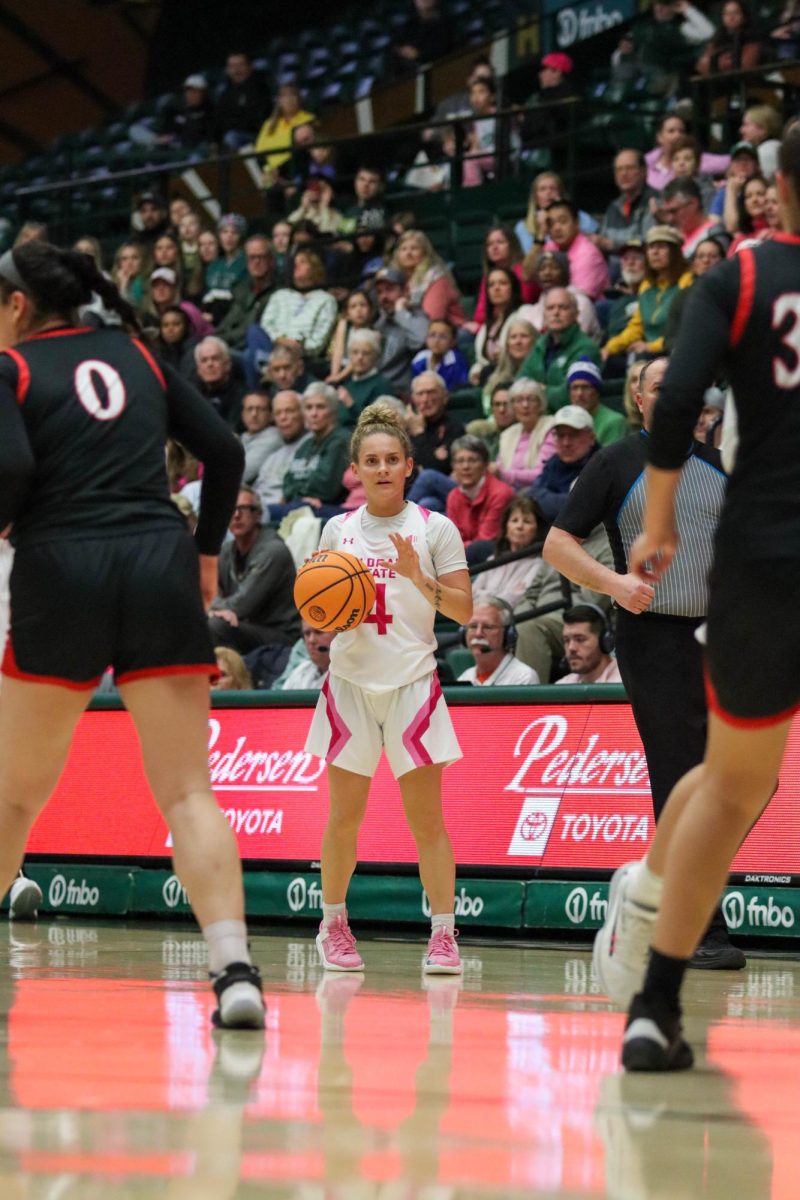 Colorado State University No.4 McKenna Hofschild reads the court at the women's basketball game against San Diego State University. Feb. 3.