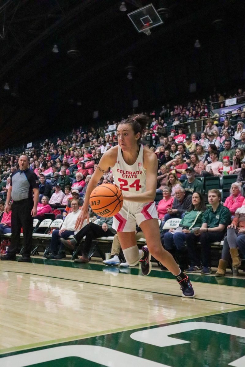 Colorado State University No.24 Sydney Mech dribbles to the hoop to score for the Rams at the women's basketball game against San Diego State University. Feb. 3.