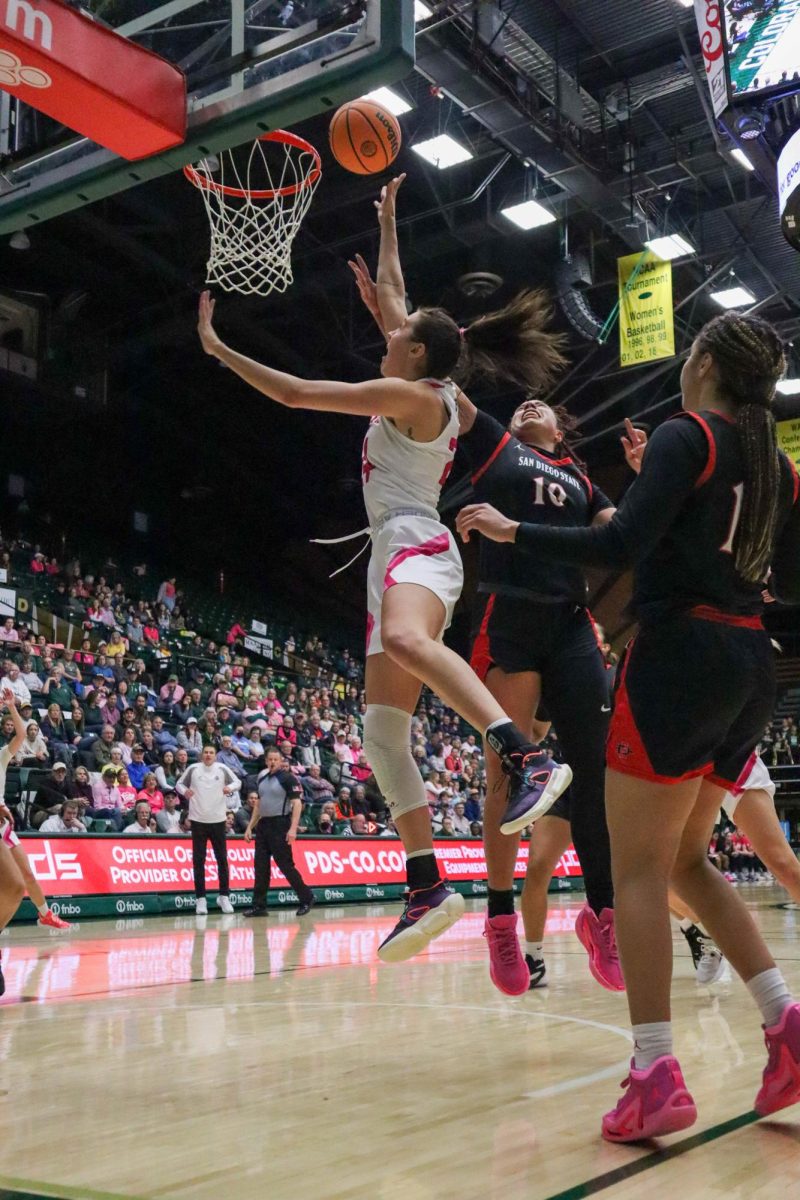 Colorado State University No.24 Sydney Mech shoots the ball, scoring for the Rams in the women's basketball game against San Diego State University. Feb. 3. 