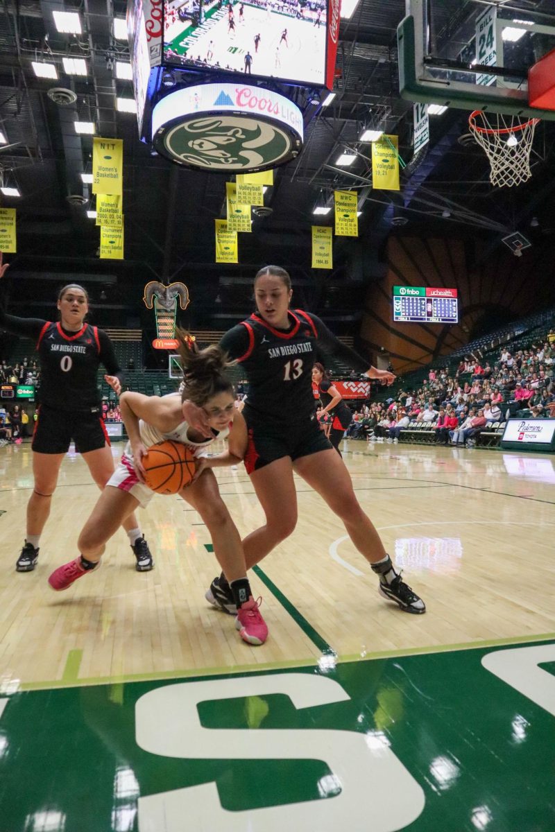 Colorado State University No.21 Taylor Ray fights against San Diego State University defense at the women's basketball game against San Diego State University. Feb. 3.