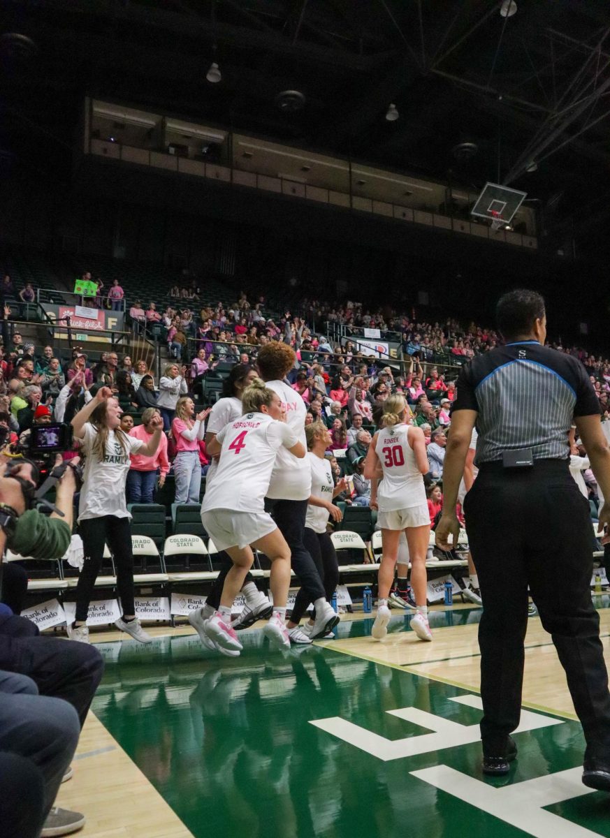 The Colorado State University women's basketball team celebrates after No.21 Taylor Ray scores for the Rams at the women's basketball game against San Diego State University. Feb. 3.