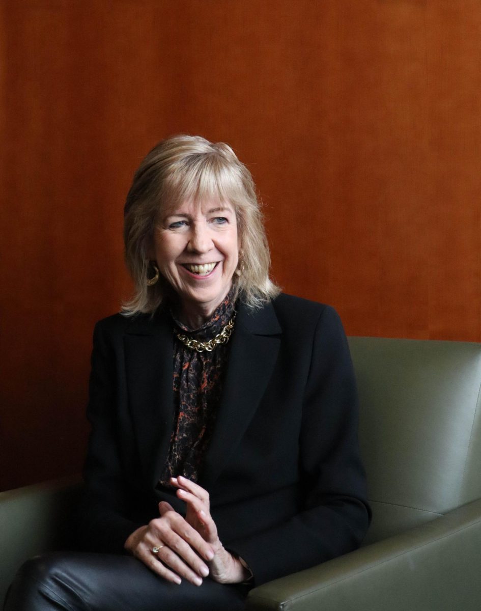 The Colorado State University College of Business' Dean, Beth Walker laughs during an interview while talking about receiving the prestigious "Best Business School" award by the Financial Times.