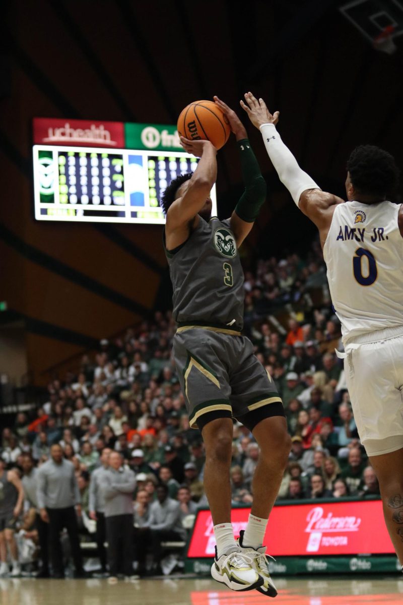 Colorado State University No. 3 Josiah Strong shoots the ball at the basketball game against San Jose State University. CSU won 66-47. Feb. 9.