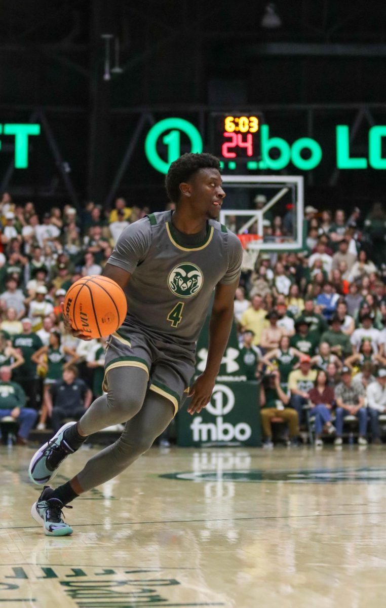 Colorado+State+University+No.+4+Isaiah+Stevens+dribbles+the+ball+down+the+court+at+the+basketball+game+against+San+Jose+State+University+Feb.+9.+CSU+won+66-47.+