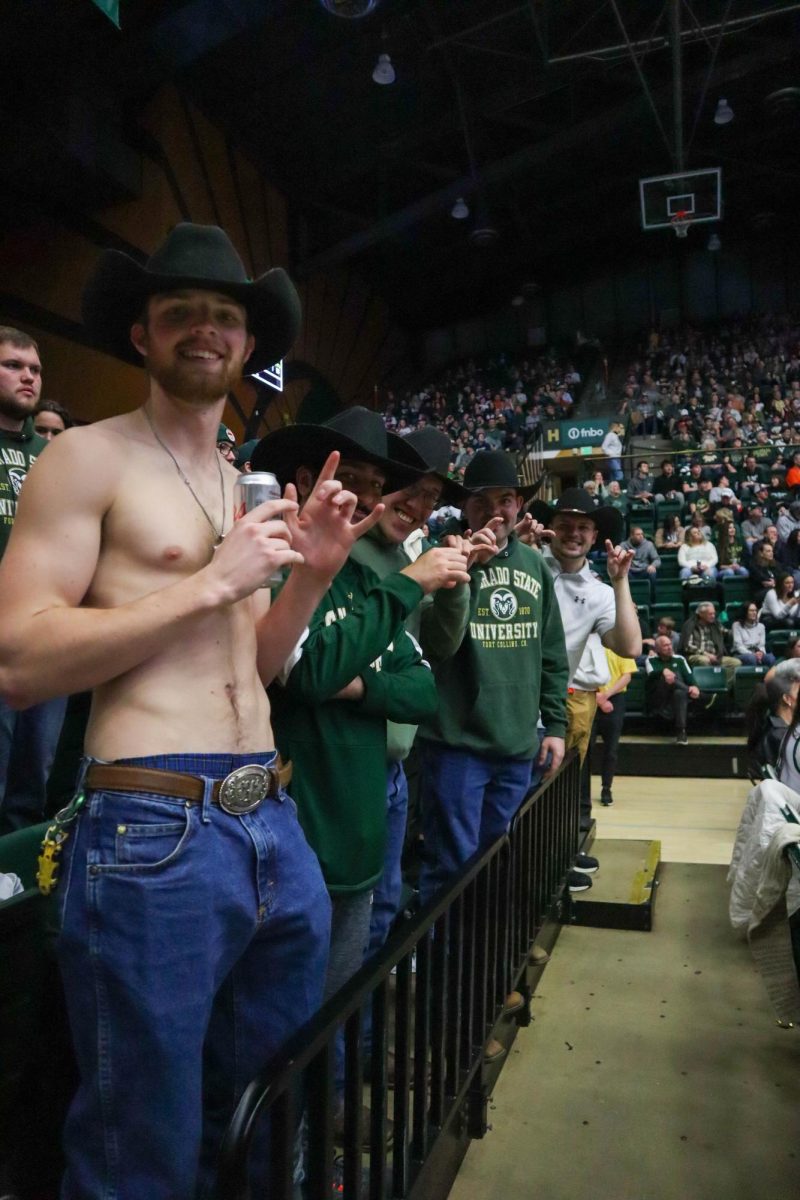 The Colorado State University Outlaws of Moby sit front row at the basketball game against San Jose State University. CSU won 66-47. Feb. 9.