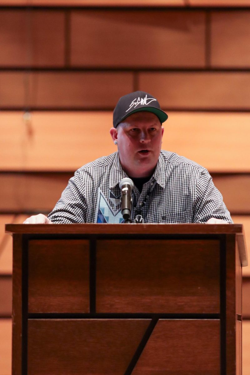 Joseph 'Sagonige Yanasi' Pekara (Pharaoh 171) speaks at Colorado State University's Center for the Arts on his work with Red Berry Woman.