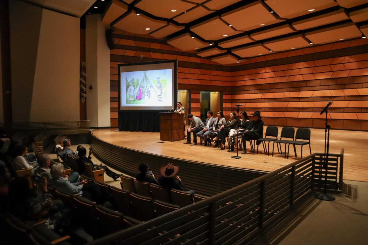 Norma Baker-Flying Horse (Red Berry Woman) speaks about her experience with Joseph 'Sagonige Yanasi' Pekara (Pharaoh 171) at their artist talk held at Colorado State University's Center for the Arts. Feb 15.