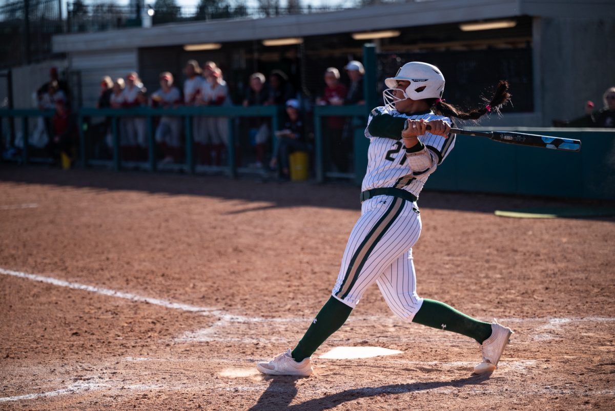 Graduate student Danielle Serna (21) hits an Iowa State pitch.