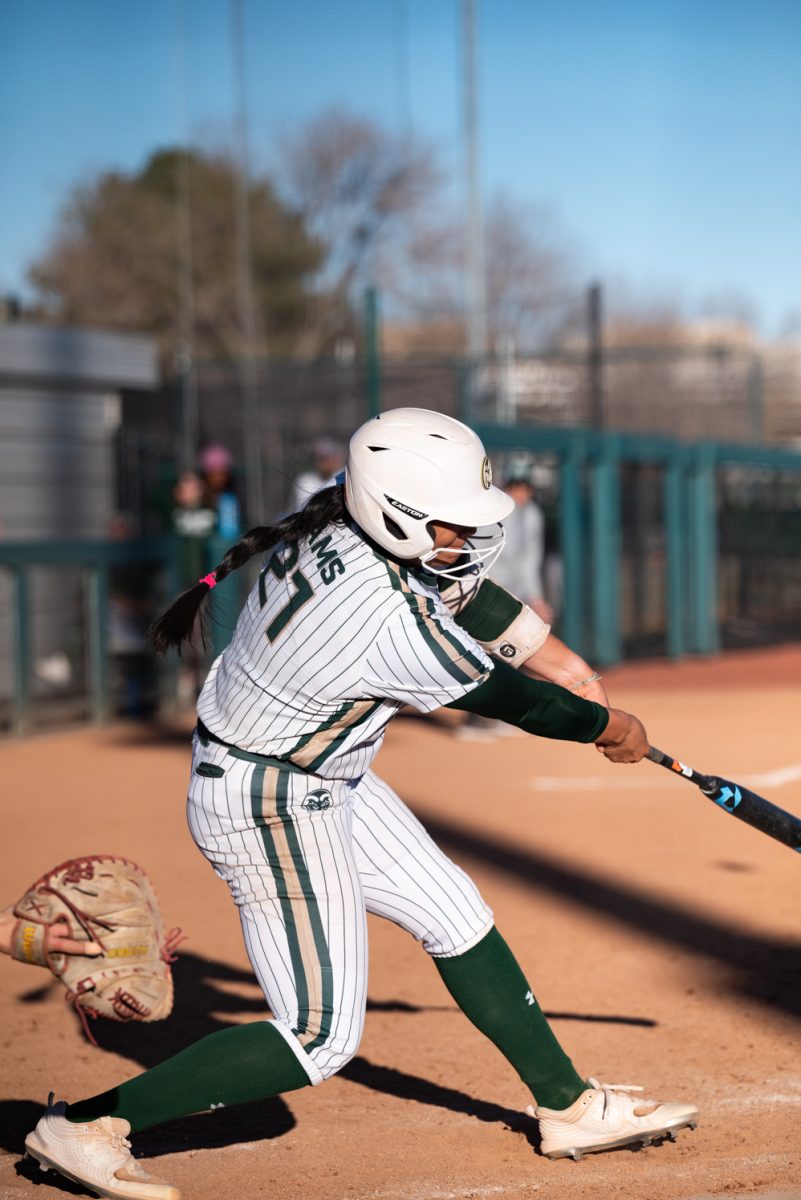 Graduate student Danielle Serna (21) hits a low pitch from Iowa State.