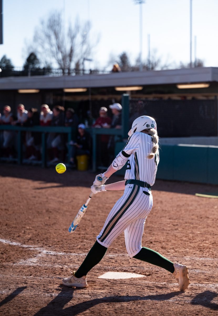 Junior Brooke Bohlender (8) hits the ball during a game against Iowa State.