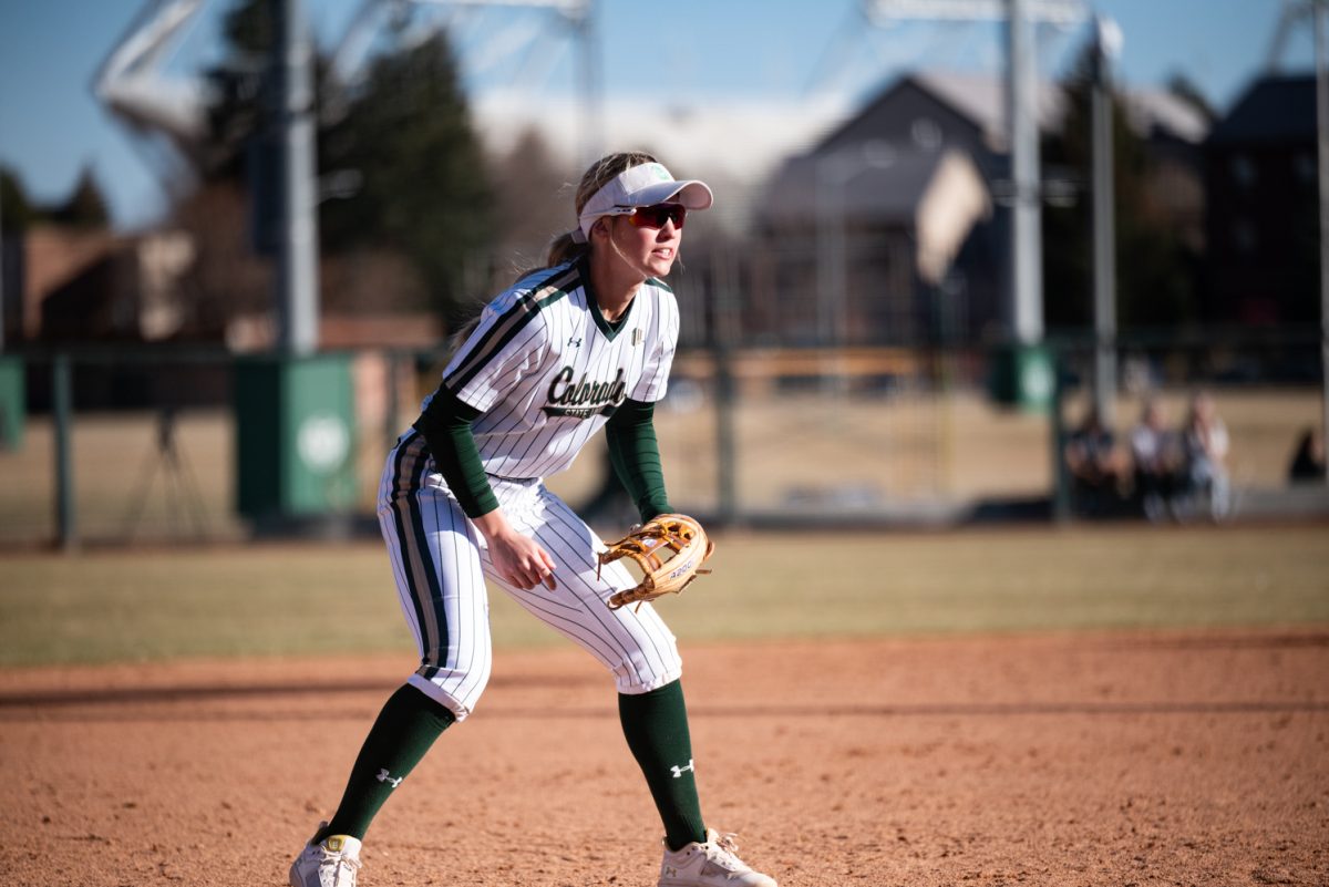 Junior Morgan Crosby (3) readies herself at third base during Colorado State University's second game against Iowa State.