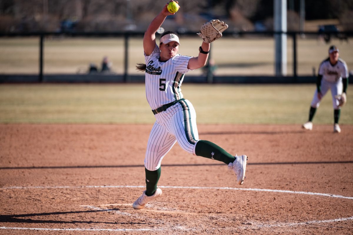 Senior Sydney Hornbuckle (5) pitches to an Iowa State batter.