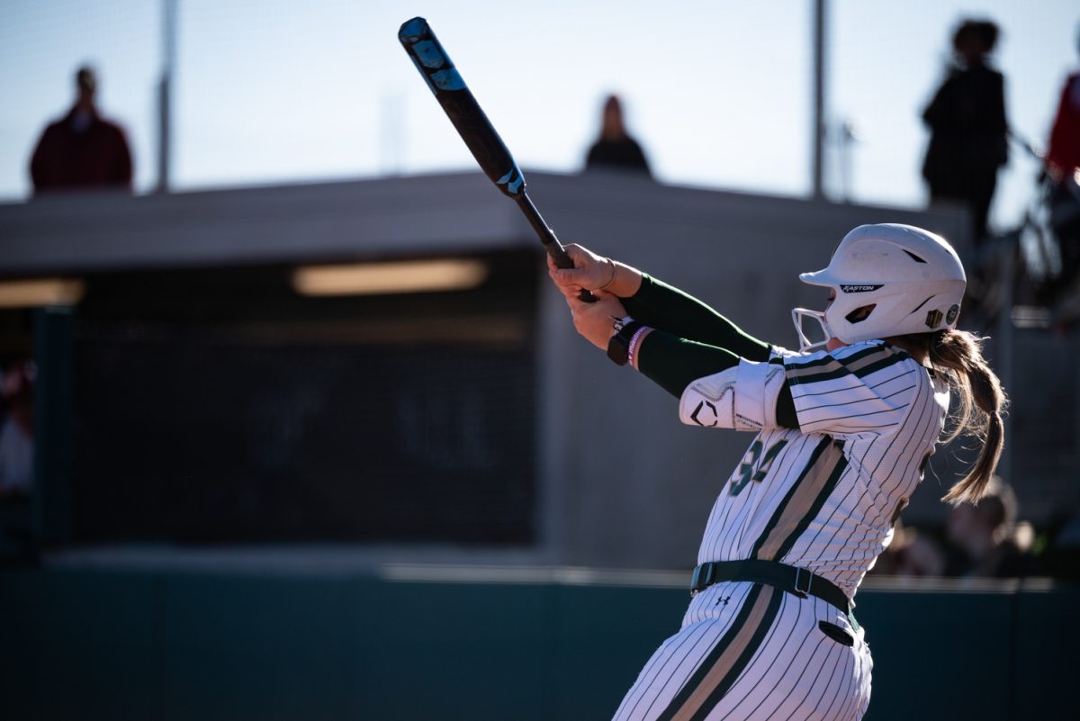 Freshman Abby Edwards (34) strikes out against Iowa State.