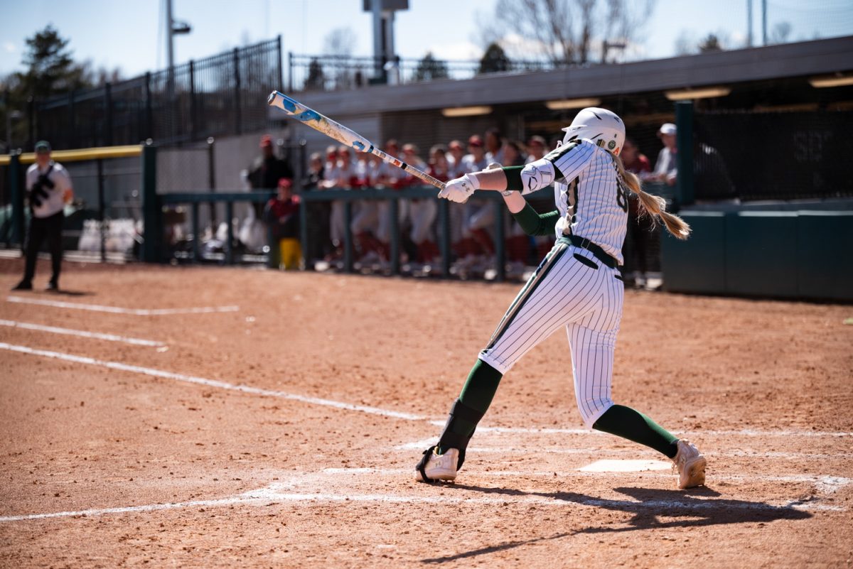 Junior Brooke Bohlender (8) strikes the ball during a game against Iowa State.