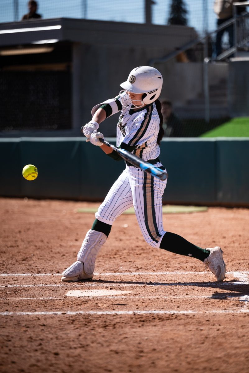 Senior Maya Matsubara (2) hits a pitch during Colorado State University's first game of the day against Iowa State.