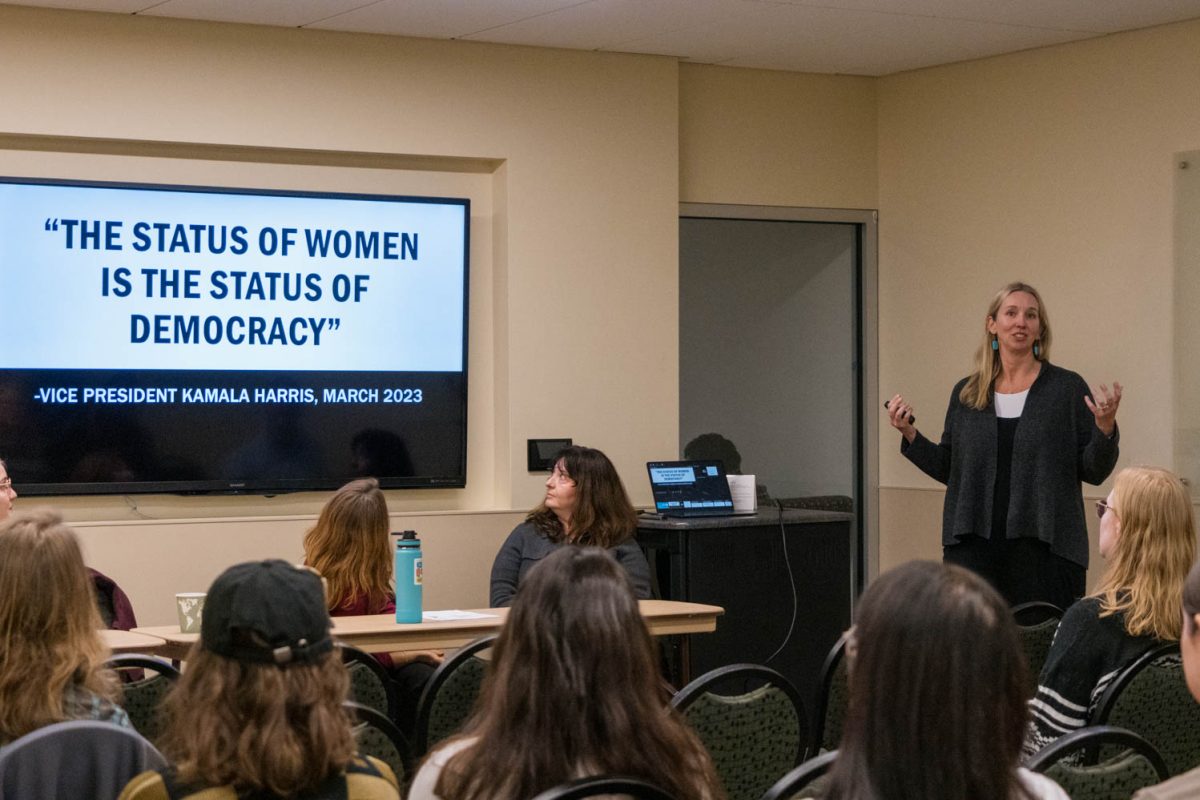 Political science professor Courtenay Daum participates in a panel on Gender and Democracy focusing on women in democratic institutions, March 4.