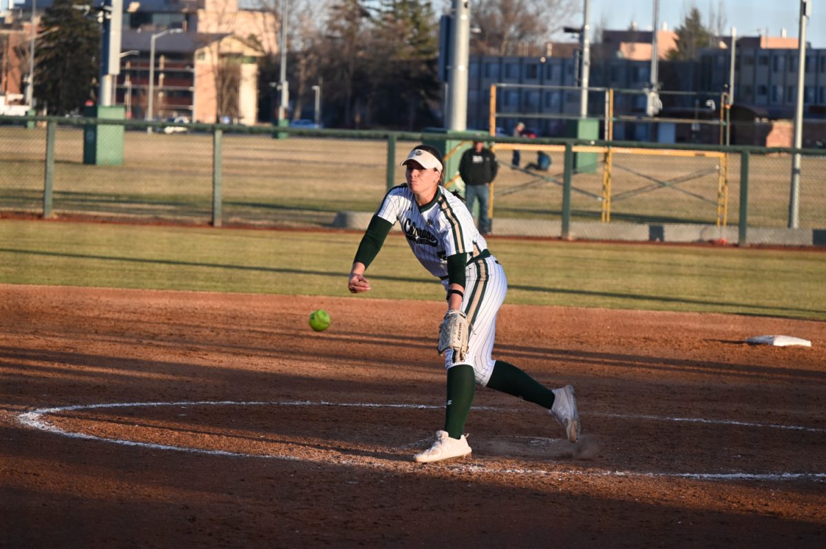 A CSU pitcher practices her pitches before a new inning starts at the CSU vs. Drake softball game on March 9, 2024. (CSU won 10-0)