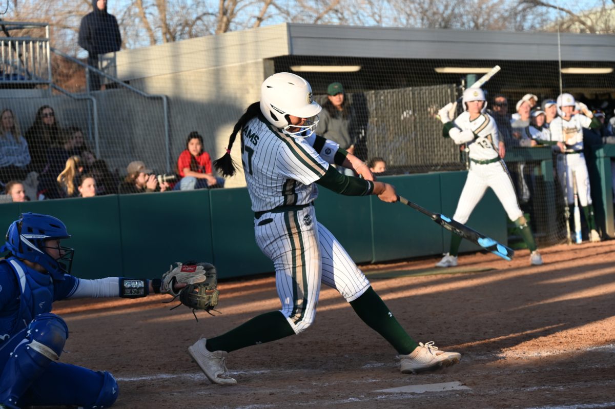 Danielle Serna hits the ball during the CSU vs. Drake softball game on March 9, 2024. (CSU won 10-0)