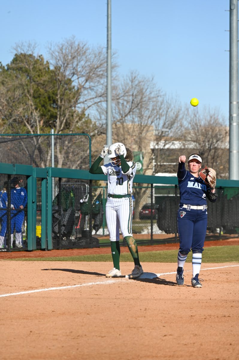 CSU infielder Jailey Wilson makes the CSU Rams symbol on her helmet after making it safe to third base during the CSU vs Maine softball game on March 9, 2024. (CSU won 6-2)