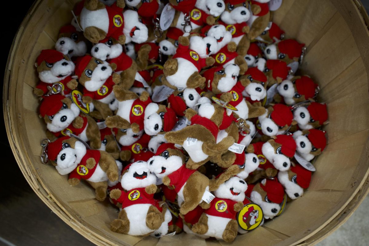 A basket of miniature Buc-ee the Beaver stuffed animal key chains inside the Buc-ees Travel Center in Johnstown, Colorado during the grand opening event Monday, March 18.