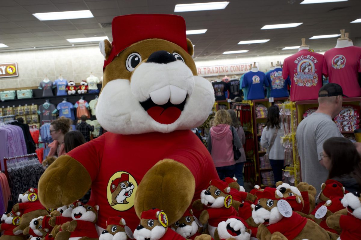 A larger than life Buc-ee the Beaver stuffed animal in a display inside the brand-new Buc-ees Travel Center in Johnstown, Colorado Monday, March 18. 