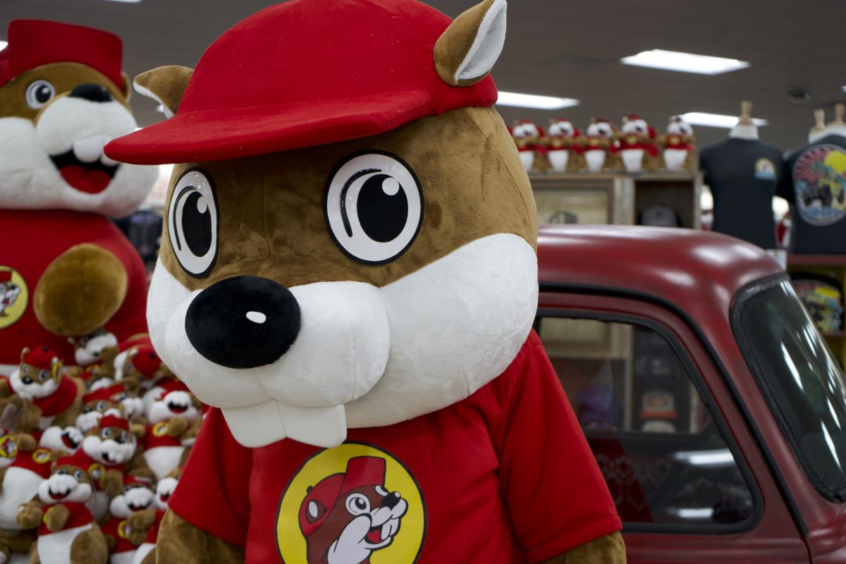 A Buc-ee the Beaver mascot celebrates the grand opening of the new Buc-ees Travel Center in Johnstown, Colorado Monday, March 18.