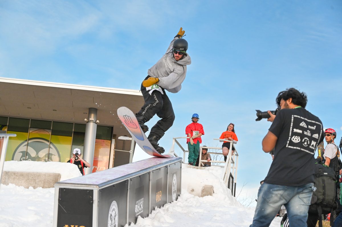 Ayden Maulick rides a box at the Colorado State University RailJam Revival March 21. The event was held by the Associated Students of CSU, CSU Snowriders and Phi Kappa Theta.