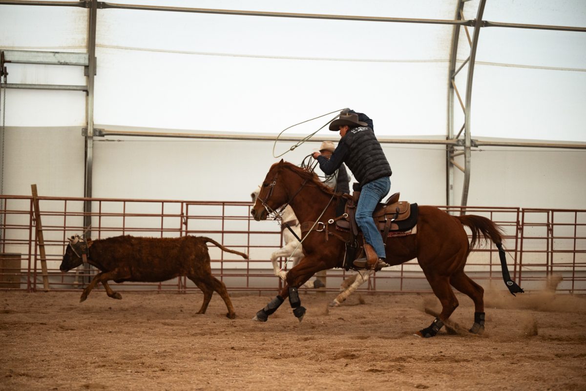 Ral’shaun Descheny and Diego Rolon practice roping at a Colorado State University rodeo team practice in Nuun, Colorado.