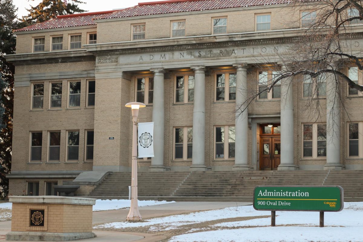 The Colorado State University Administration building faces north March 9, 2024.