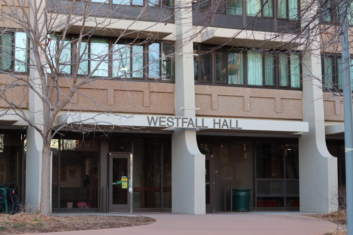 The east entrance to Westfall Hall March 12.