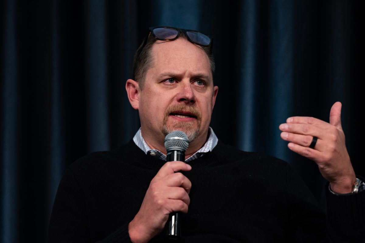 Kyle Henley, Vice President for Marketing and Communications at Colorado State University, discusses who can speak for CSU at the Conversation on the First Amendment and Higher Education panel.