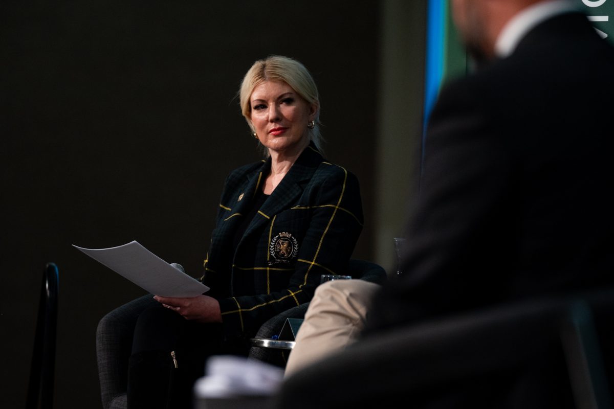 Colorado State University President Amy Parsons listens as other members of the Conversation on the First Amendment and Higher Education panel answer a question.