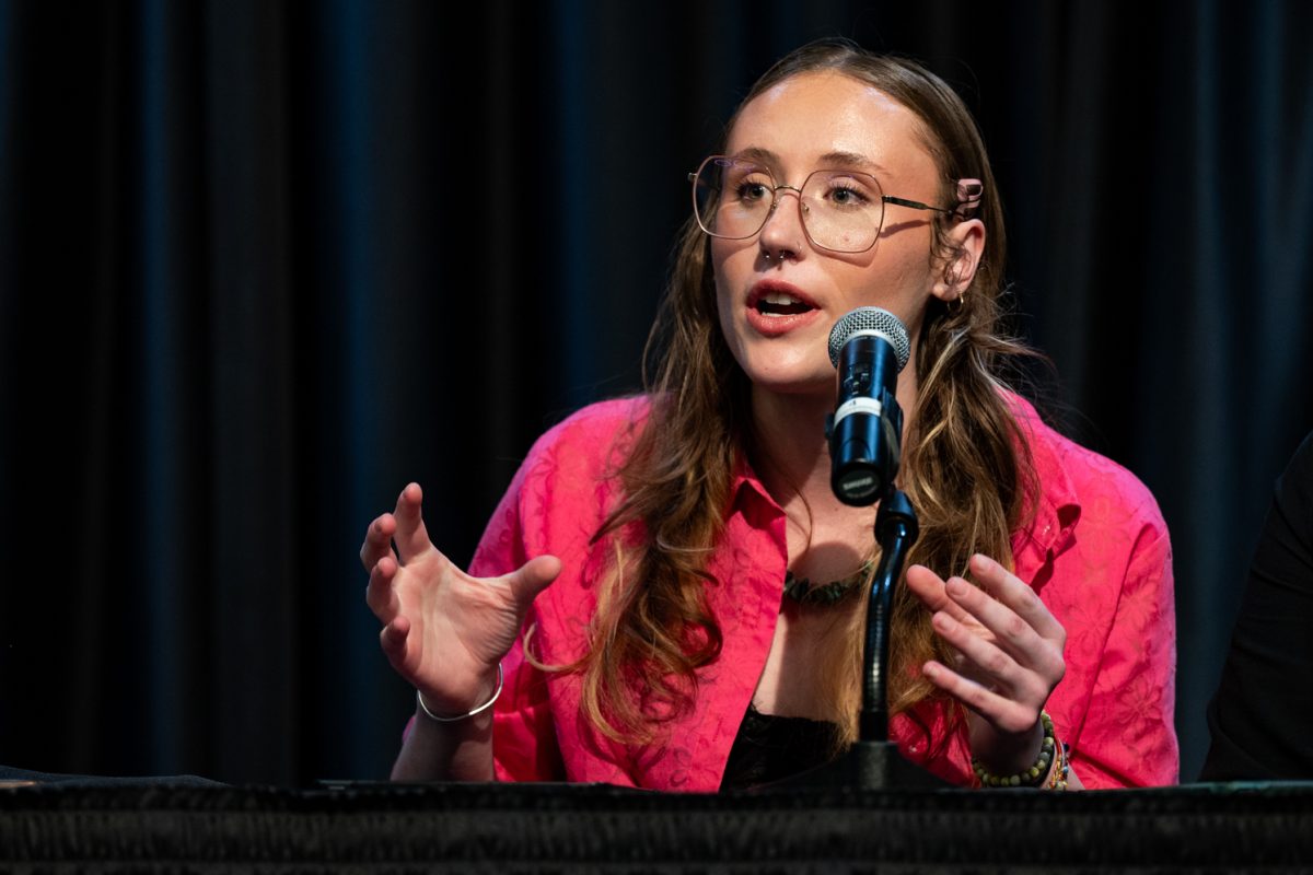 ASCSU Presidential Candidate Jorja Whyte speaks on affordability issues at the ASCSU Presidential and Vice Presidential Debates.