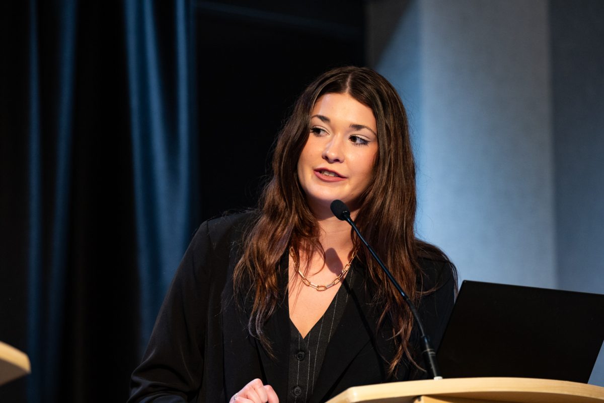 CTV host Kate Sherman poses a question to the candidates at the ASCSU Presidential and Vice Presidential Debates.