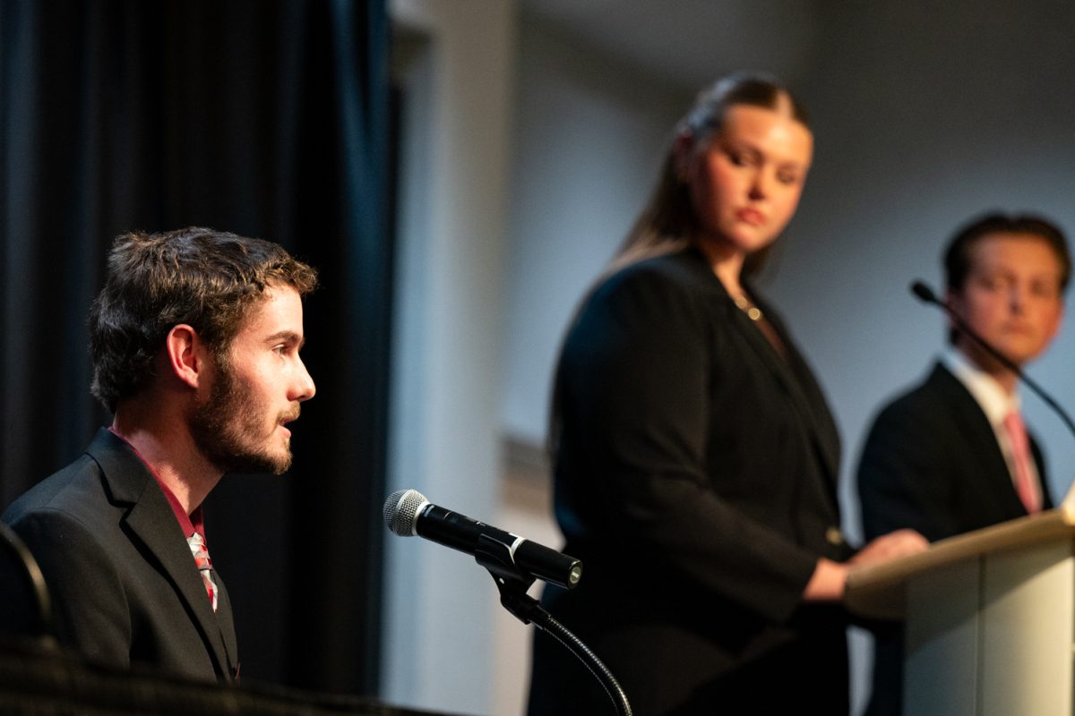ASCSU Speaker of the Senate Candidate Hayden Taylor talks about student government communication at the ASCSU Speaker of the Senate Debate.