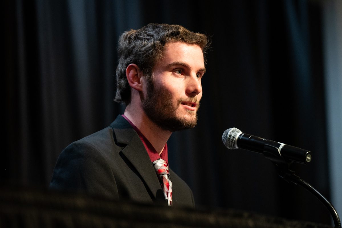 ASCSU Speaker of the Senate Candidate Hayden Taylor talks about student government communication at the ASCSU Speaker of the Senate Debate.