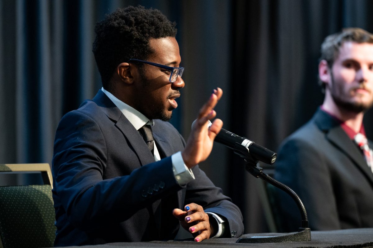 ASCSU Speaker of the Senate Candidate Enock Monati describes accountability at the ASCSU Speaker of the Senate Debate.