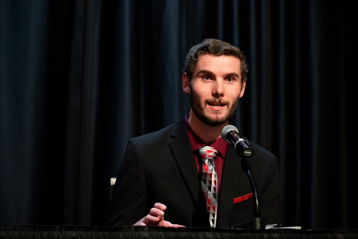 ASCSU Speaker of the Senate Candidate Hayden Taylor talks about student government communication at the ASCSU Speaker of the Senate Debate.