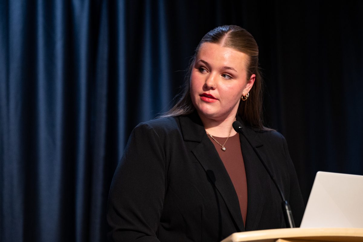 CTV host Bailey Borkowski poses a question to the candidates of the ASCSU Speaker of the Senate Debate.