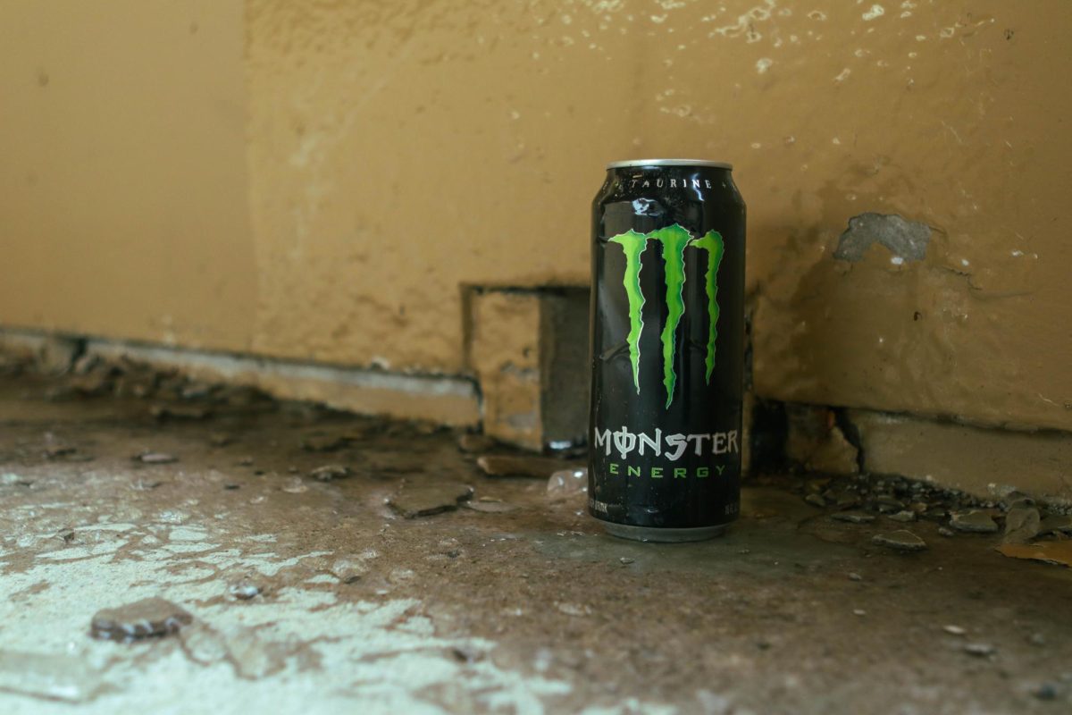A Coca-Cola Monster Energy drink sits on a puddle of ice against a breaking wall. March 26.