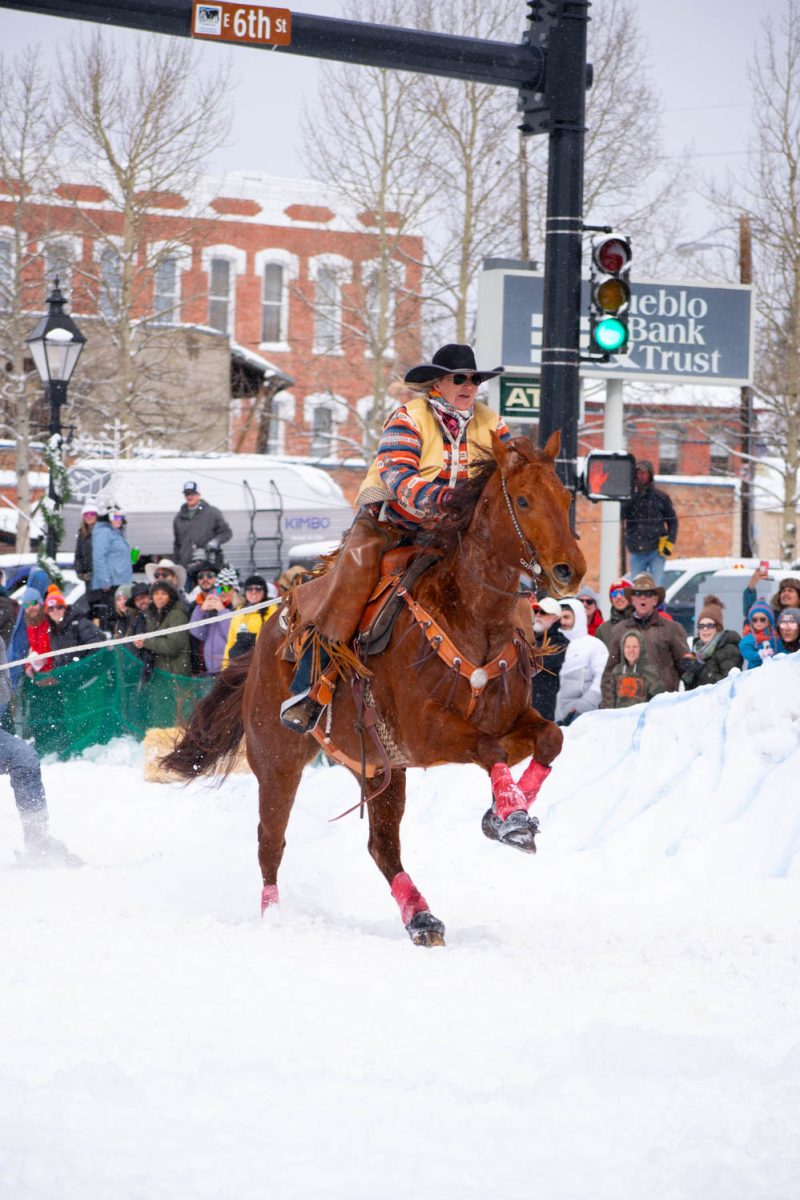 Skijoring rider Janelle Urista tows a skier at the Leadville, Colorado, skijoring event March 3.