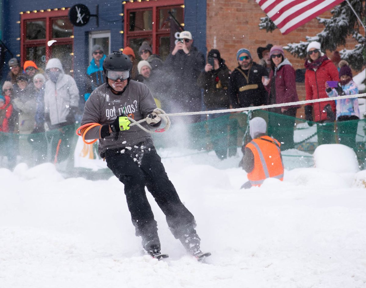 Jerry Kissell gets towed while holding on to several rings at the Leadville, Colorado, skijoring event March 3.