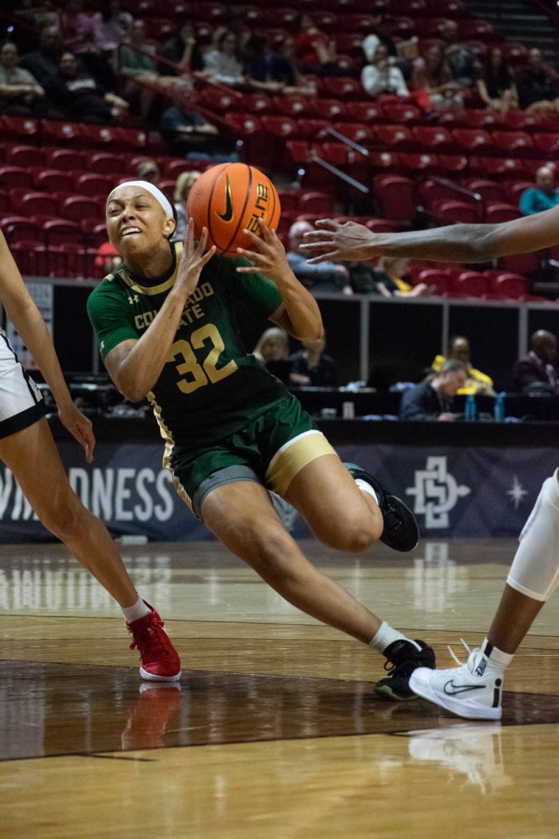 Colorado State University guard Cailyn Crocker drives the ball during the Mountain West womens basketball championship quarterfinal game of CSU against the University of Nevada, Las Vegas March 12. The Rams lost 62-52.