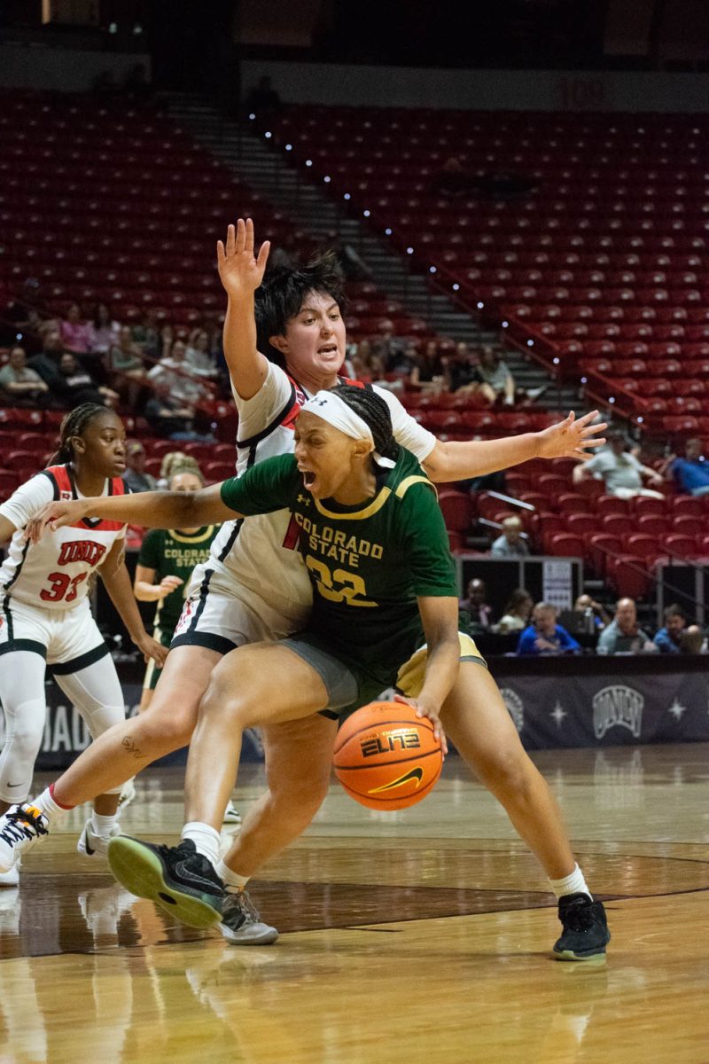 Colorado State University guard Cailyn Crocker drives the ball during the Mountain West womens basketball championship quarterfinal game of CSU against the University of Nevada, Las Vegas March 12. The Rams lost 62-52.