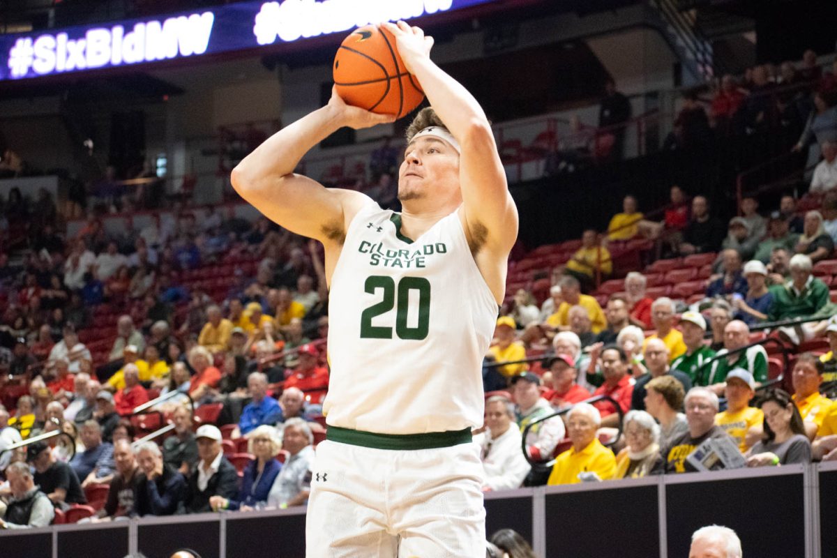 Colorado+State+University+guard+Joe+Palmer+shoots+a+3-pointer+in+CSUs+game+against+San+Jose+State+University+during+the+Mountain+West+mens+basketball+championships+March+13.+CSU+won+72-62.