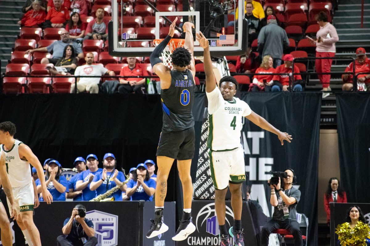 CSU guard Isaiah Stevens attempts to block a shot in CSUs game against San Jose State during the Mountain West Mens Basketball Championships on March 13. CSU won 72-62.